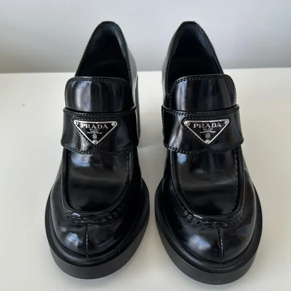 Prada Women's Chocolate Brushed Leather Heeled loafers size 36.5 - Picture 2 of 16